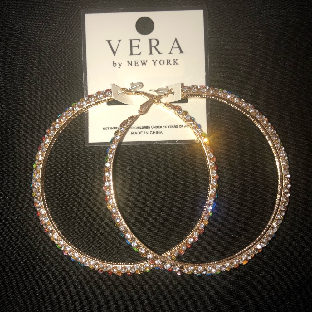 (NEW) Bedazzled Rhinestone Hoop Earrings - Medium Size